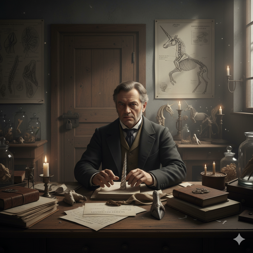 Victorian scholar at candlelit desk with unicorn diagrams and specimens in dimly lit study.