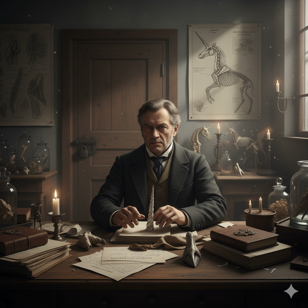 Victorian scholar at candlelit desk with unicorn diagrams and specimens in dimly lit study.