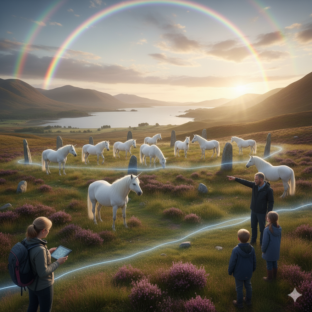 White unicorns grazing in Scottish Highland moorland under double rainbow with researchers watching.