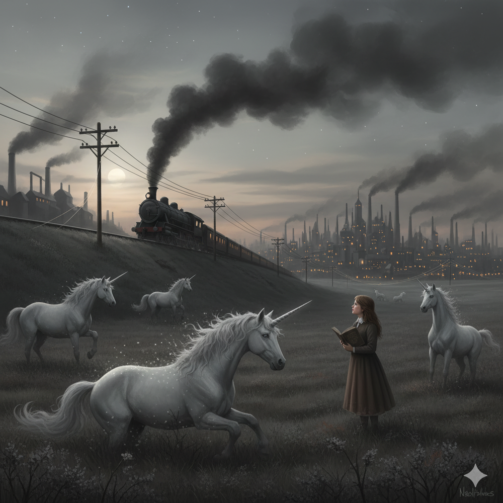 White unicorns in polluted industrial landscape with smoking factories and steam train