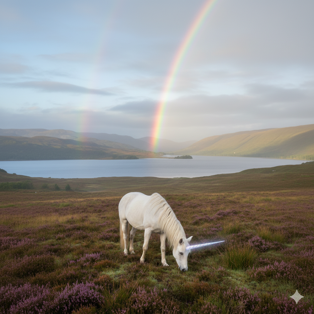 Solitary white unicorn grazing on purple heather moorland beneath rainbow over Scottish loch