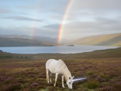 Solitary white unicorn grazing on purple heather moorland beneath rainbow over Scottish loch