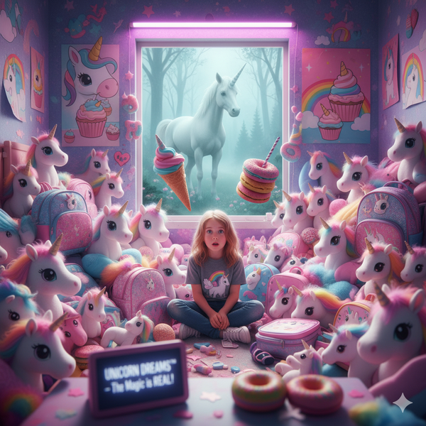Person surrounded by colorful unicorn toys and merchandise with real unicorn visible through window