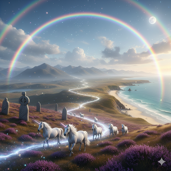 Luminous white unicorns moving along stone circle pathway toward ocean under rainbows and full moon.